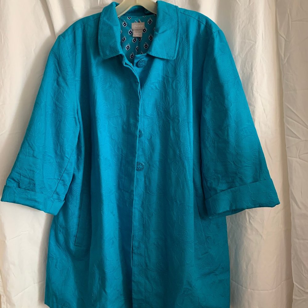 Chico's Coat Turquoise Three Quarter Length and Sleeves